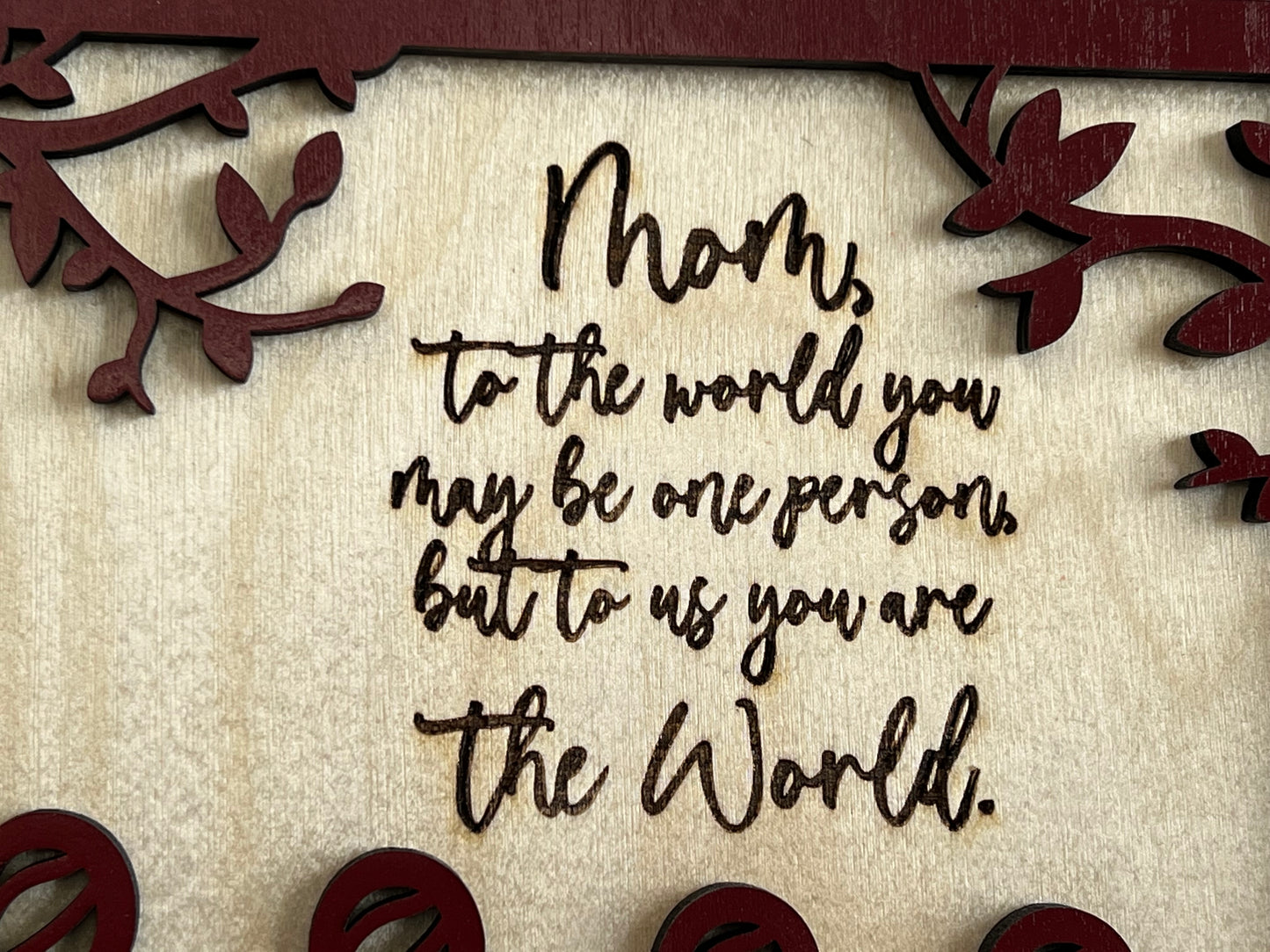 Close up of the quote "Mom, to the world you may be one person, but to us you are the World."