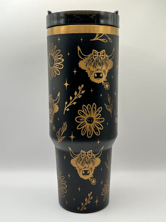 Highland Cows and Flowers 40 oz Tumbler Full Wrap Design