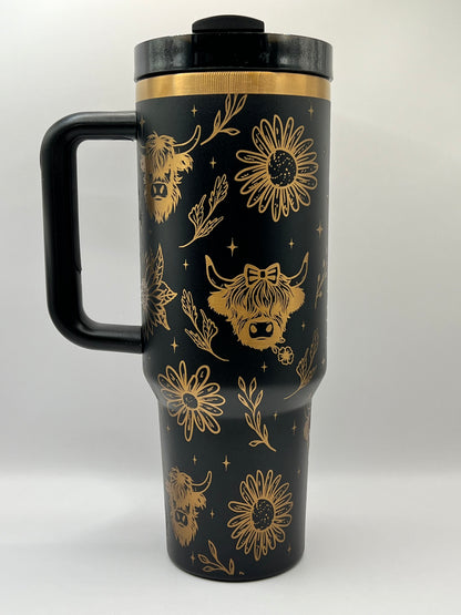 Highland Cows and Flowers 40 oz Tumbler Full Wrap Design