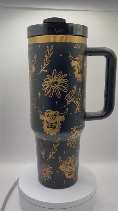 Highland Cows and Flowers 40 oz Tumbler Full Wrap Design