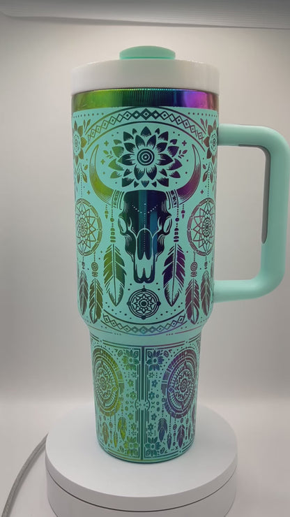 Southwest Skull and Feathers 40 oz Tumbler Full Wrap Design