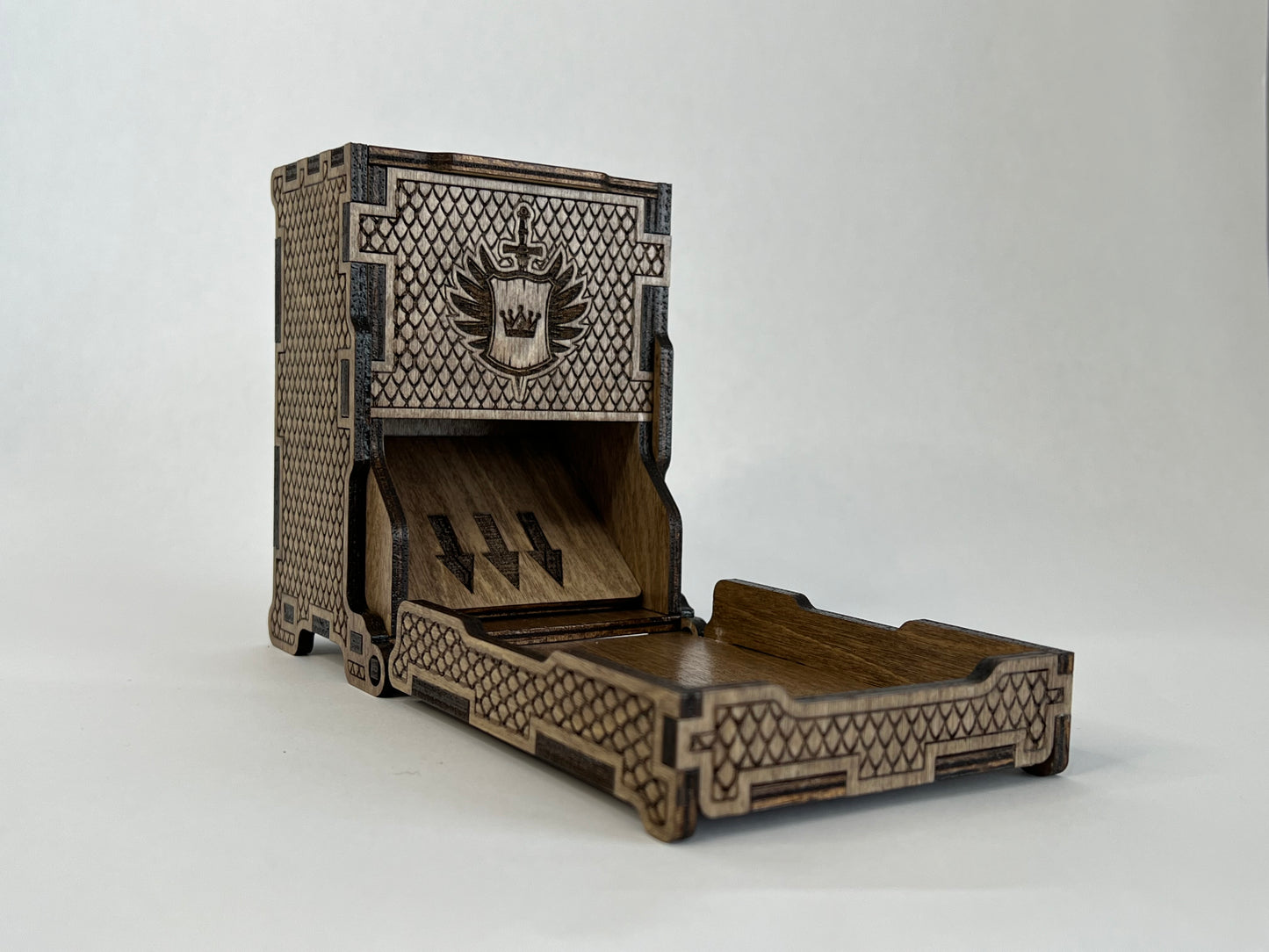 Dice tower with tray open