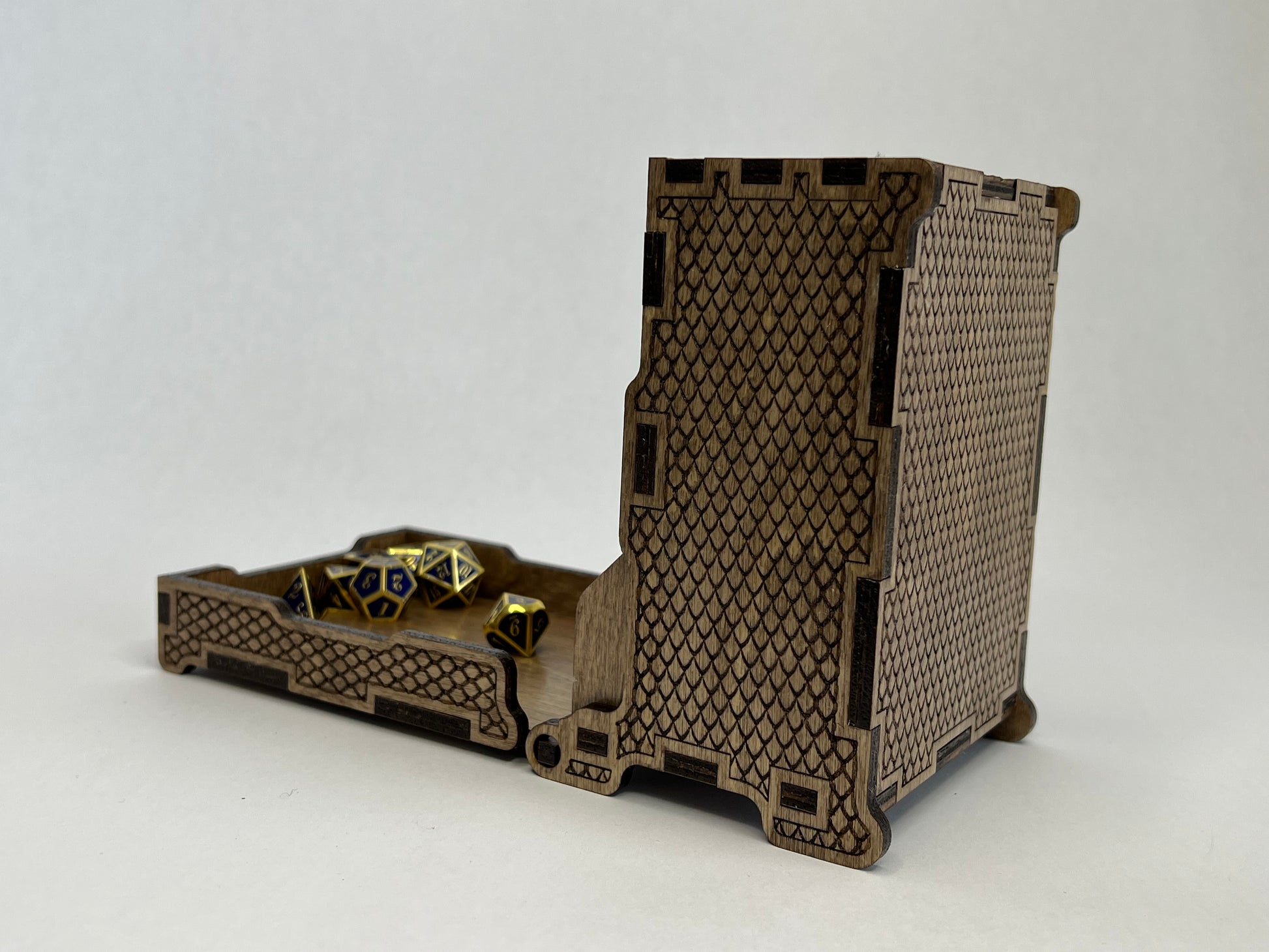 Back view of dice tower with tray open