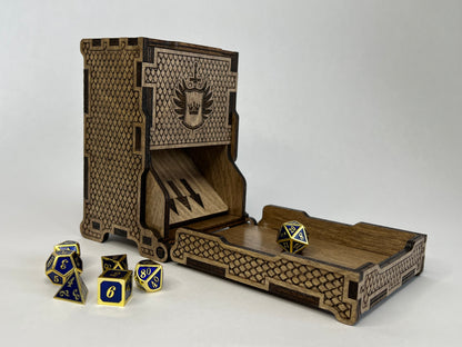 Dice tower with tray open and dice surrounding